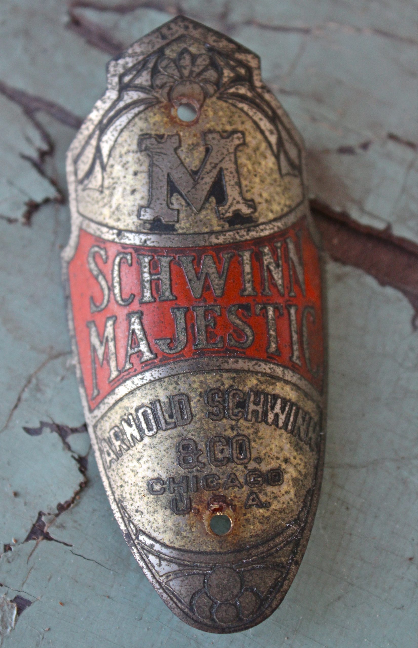 Schwinn Majestic Bicycle Head Badge by Arnold, Schwinn & Co., 1940s